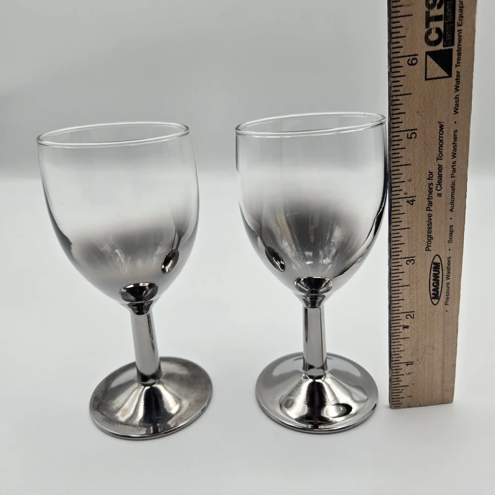 Vintage MCM France Ombre Clear Silver Cocktail Wine Glasses Goblets Set Of 2